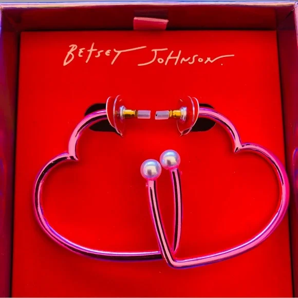 Authentic Betsey Johnson Earrings - Hot Pink Hoop Hearts With Pearl, NIB - Picture 1 of 12